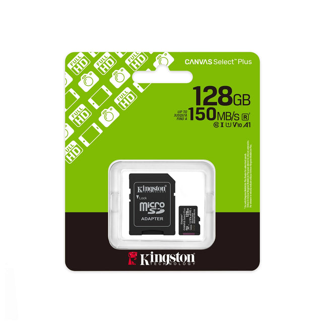 Carte mémoire Kingston Canvas Select Plus 128 Go MicroSDXC UHS-I Classe 10 pour appareils photo et vidéo, capacité de 128 Go.