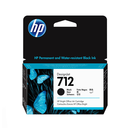 Cartouche d'encre HP 712 noire de 38ml, compatible avec imprimantes HP, visible dans l'image.
