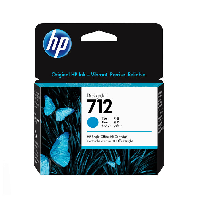 Cartouche d'encre HP 712 Cyan 29ml, cartouche d'encre HP pour imprimante, contenant de l'encre cyan.