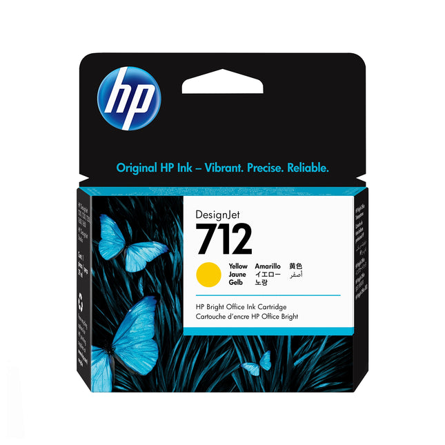 Cartouche d'encre HP 712 Jaune de 29ml, compatible avec imprimantes HP, montrée dans l'image avec étiquette jaune.