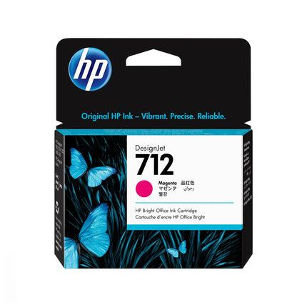 Cartouche d'encre HP 712 magenta de 29ml, compatible avec imprimantes HP, montrée dans l'image.