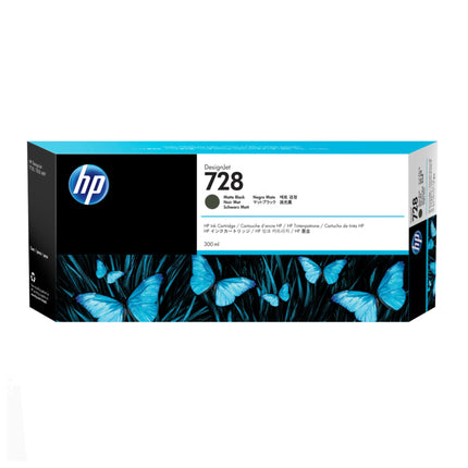Cartouche d'encre HP 728 Noir Mat, compatible avec imprimantes HP, montrant la cartouche d'encre noire pour impression.