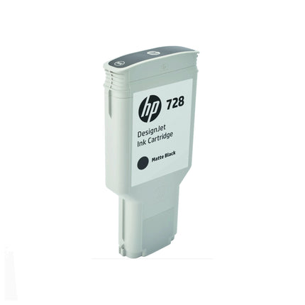 Cartouche d'encre HP 728 Noir Mat, compatible avec imprimantes HP, montrant la cartouche d'encre noire pour impression.