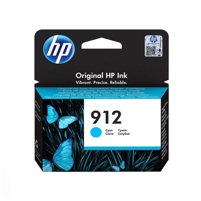 Cartouche d’encre HP 912 Cyan d’origine, compatible avec imprimantes HP, affichée dans son emballage.