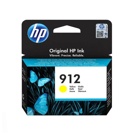 Cartouche d’encre HP 912 Jaune d’origine montrée, compatible avec imprimantes HP, offrant une impression claire et colorée.