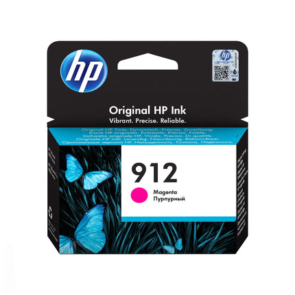 Cartouche d’encre HP 912 Magenta d’origine, compatible avec imprimantes HP, montre la cartouche d’encre magenta.