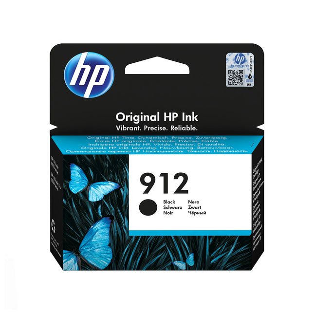 Cartouche d’encre HP 912 Noir d’origine, compatible avec imprimantes HP, montrée en gros plan sur fond blanc.