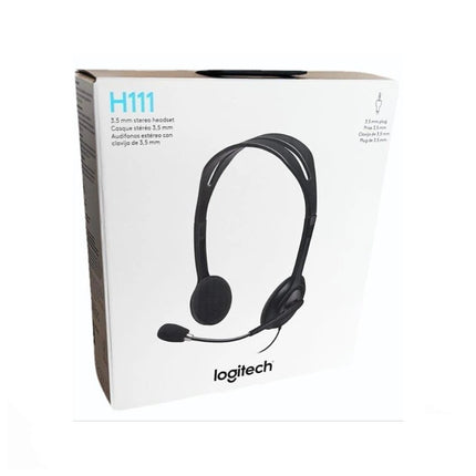 Logitech H111 stereo headset with 3.5mm jack, lightweight design, over-ear headphones for clear audio and comfortable fit.