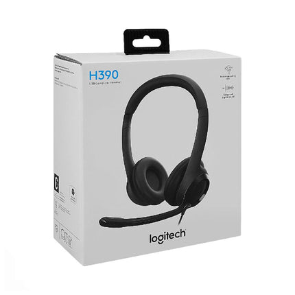 Logitech H390 stereo headset with anti-parasite microphone and USB-A connection, featuring adjustable headband and comfortable ear cups.