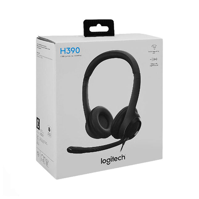 Logitech H390 stereo headset with anti-parasite microphone and USB-A connection, featuring adjustable headband and comfortable ear cups.