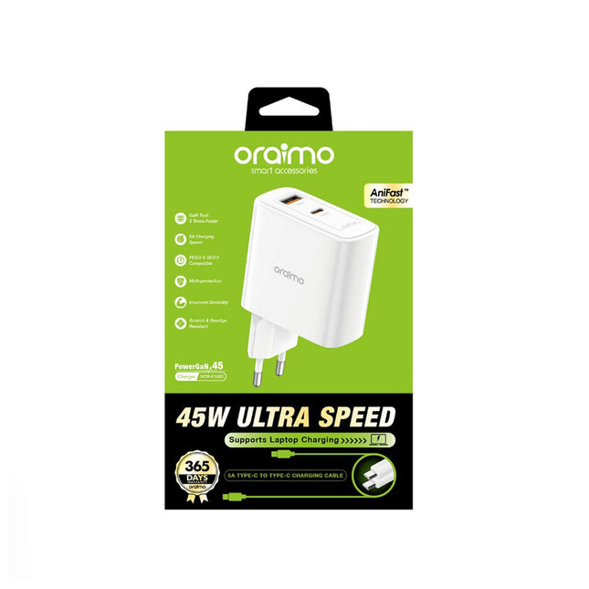 Chargeur Oraimo double port USB Type-C PowerGan 45W avec design compact et ports rapides pour smartphones et appareils compatibles.