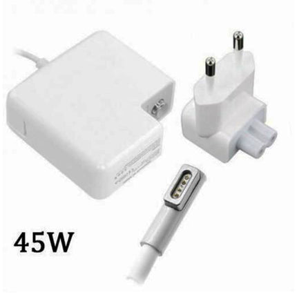Chargeur pour ordinateur portable Apple Mac Pro 45W, câble d'alimentation et connecteur visible, noir, compact et léger.