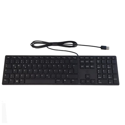 Clavier filaire HP Desktop 320K QWERTZ allemand avec touches noires et disposition QWERTZ, connecté par câble.
