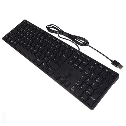 Clavier filaire HP Desktop 320K QWERTZ allemand avec touches en plastique noir et disposition clavier QWERTZ.