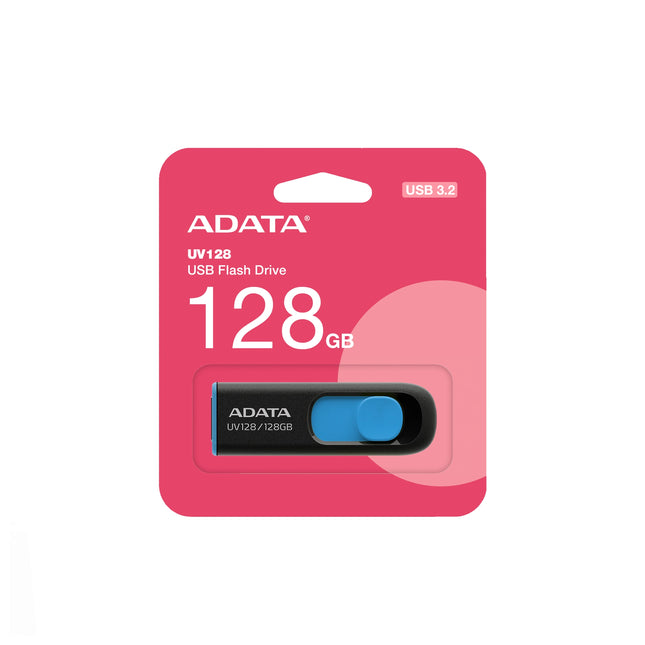 Clé USB ADATA UV128 128 GB avec port USB 3.2, design compact et léger pour stockage rapide et fiable.