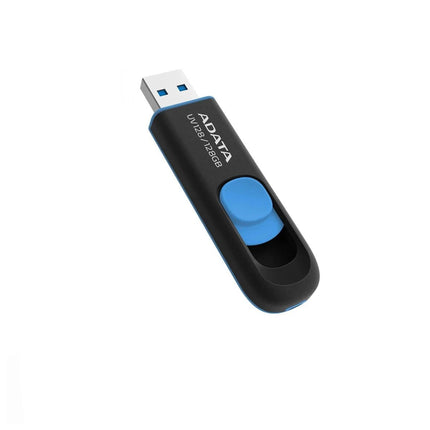 Clé USB ADATA UV128 128 GB Dash Drive 3.2, clé USB noire avec connecteur USB-C et USB-A, sur fond blanc.