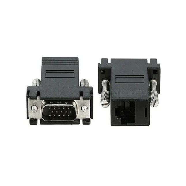Convertisseur RJ45 vers VGA de la marque ALQIMMA INFO, pour connecter un câble Ethernet à un port VGA.