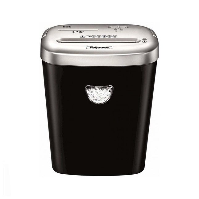 Destructeur Fellowes Powershred 53C avec coupe croisée, vue en gros plan montrant les lames et le design compact.