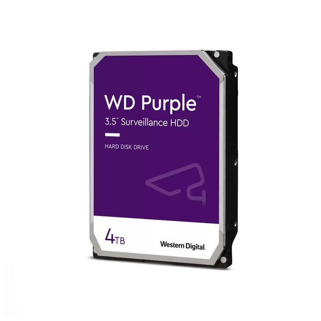 Disque dur interne Western Digital 3.5" SATA 4TB Surveillance Purple HDD, vue de face avec connecteurs et étiquette.