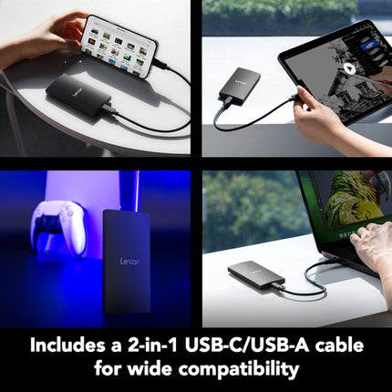 Disque dur portable SSD Lexar SL300 1TB avec connecteur USB 3.2 Gen 2, boîtier compact et sécurisé.