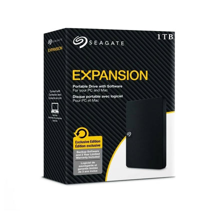 Disque dur portable Seagate Expansion 1TB, image montrant le boîtier compact et le logo de la marque.