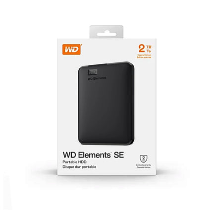 Disque dur portable Western Digital Elements 2TB HDD avec connectivité USB 3.0, noir et compact pour stockage de données.