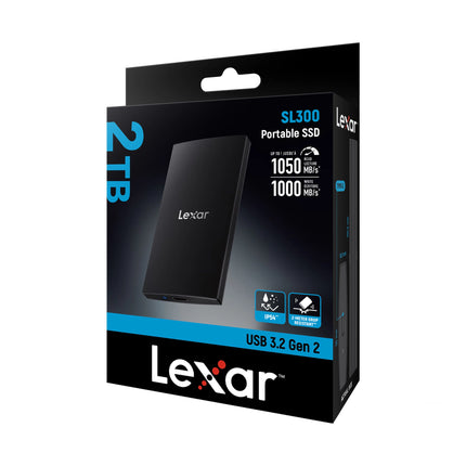 Disque dur portable SSD Lexar SL300 2TB avec connecteur USB 3.2 Gen 2, design compact et élégant, vue de face.