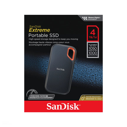 Disque dur portable SSD SanDisk Extreme 4TB avec connecteur USB, résistant à l'eau et vitesse jusqu'à 1050MB/s.