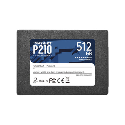 Disque dur interne SSD PATRIOT P210 2,5" SATA, capacité 512GB, vue de face avec connecteurs visibles.