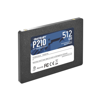 Disque dur interne SSD PATRIOT P210 2,5" SATA de 512GB, vue du produit avec connecteurs et étiquette.