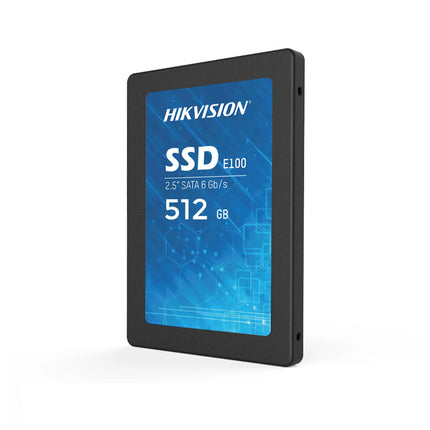 Disque dur SSD interne Hikvision E100 2,5" de 512GB, câble et connecteur visibles sur fond neutre.