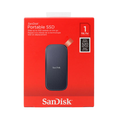 Disque dur portable SSD SanDisk 1TB avec connecteur USB 3.2, vue de face avec logo SanDisk visible.