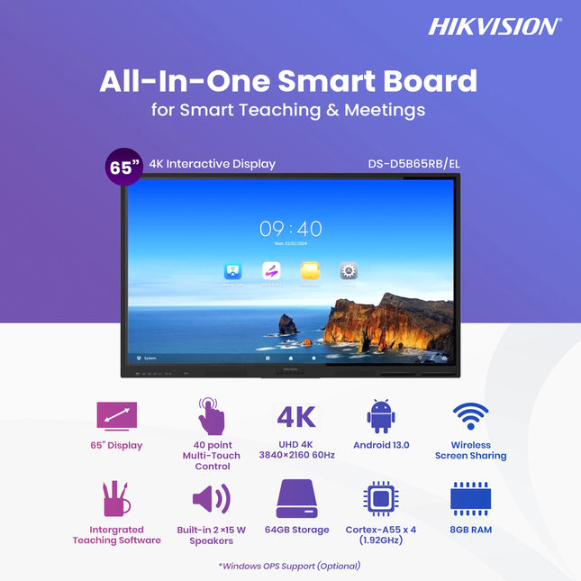 Écran Interactif Hikvision 65 pouces DS-D5B65RB/EL 4K UHD