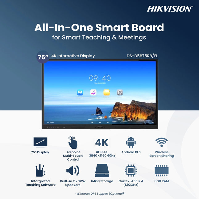 Écran Interactif Hikvision 75 pouces DS-D5B75RB/EL 4K UHD