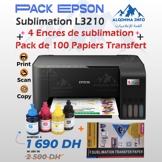 Pack Sublimation Imprimante Epson Ecotank L3210 + 4 Encres de sublimation + 100 Papiers transfer