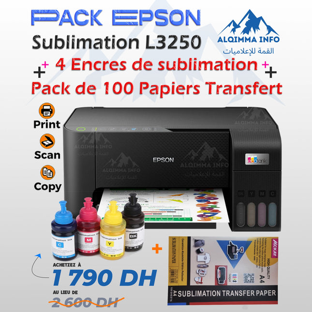 Pack Sublimation Imprimante Epson Ecotank L3250 + 4 Encres de sublimation + 100 Papiers transfer