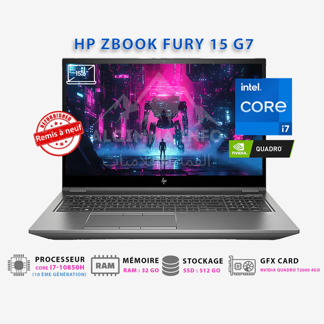ORDINATEUR PORTABLE HP ZBOOK FURY 15 G7 17-10850H 32GB 512GB SSD 15P QUADRO T2000 REMIS A NEUF