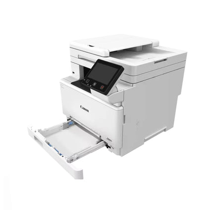 Imprimante Canon MF667CDW I-Sensys laser multifonction avec écran tactile et bac à papier, vue de face.
