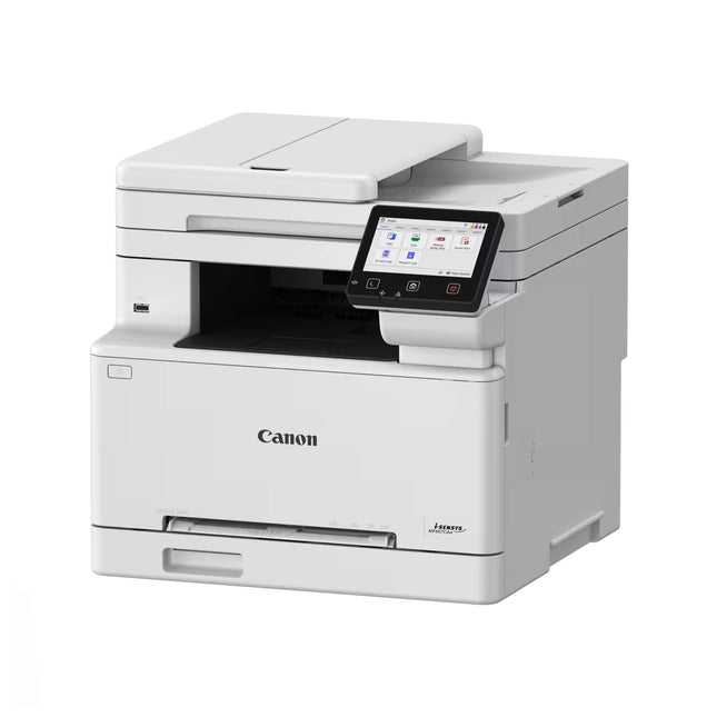 Imprimante Canon MF667CDW I-Sensys laser multifonction avec écran tactile, format compact, vue de face.