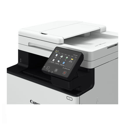 Imprimante Canon MF754CDW laser couleur, vue frontale avec panneau de contrôle, affichant le design moderne et compact.