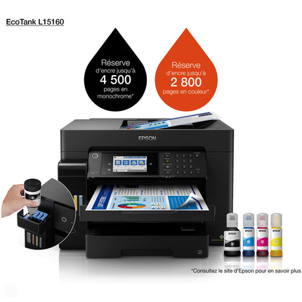 Imprimante Epson EcoTank L15160 couleur à réservoirs rechargeables, Wi-Fi, format A3, vue de l'avant avec panneau de contrôle