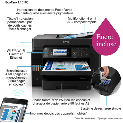 Imprimante Epson EcoTank L15160 couleur à réservoirs rechargeables avec connectivité Wi-Fi, format A3.
