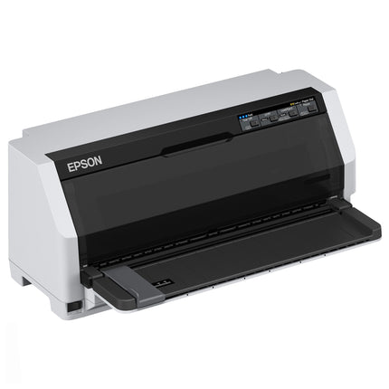 Imprimante matricielle Epson LQ-690IIN avec 24 aiguilles, affichant le panneau de contrôle et le papier en cours d'impression.