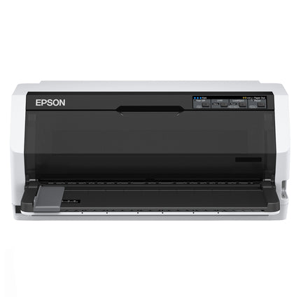Imprimante matricielle Epson LQ-690IIN avec 24 aiguilles, vue de face montrant le panneau de contrôle et le papier inséré.