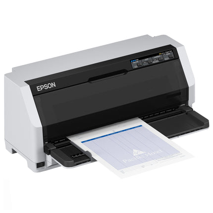 Imprimante matricielle Epson LQ-690IIN à 24 aiguilles, vue de face avec panneau de contrôle et sortie de papier.