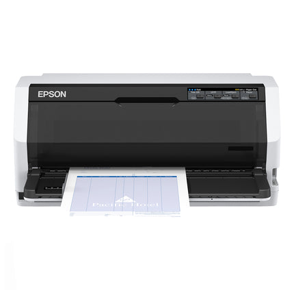 Imprimante matricielle Epson LQ-690IIN à 24 aiguilles, vue de face avec panneau de contrôle et rouleau d'impression.
