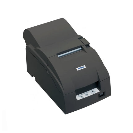 Imprimante ticket Epson TM-U220A avec port série et alimentation thermique, vue de face avec câbles connectés.