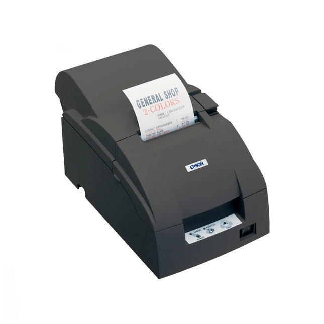 Imprimante ticket Epson TM-U220A avec port série et alimentation thermique, vue de face.