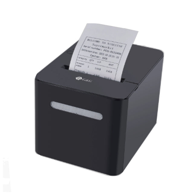Imprimante ticket G&G TD80 avec connectivité USB, Ethernet, Bluetooth et Wi-Fi, vue de face avec rouleau de papier.