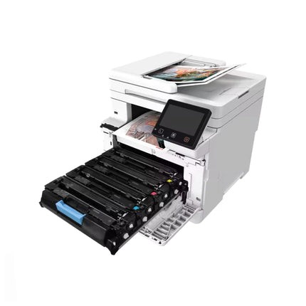 Imprimante Canon MF667CDW I-SENSYS laser multifonction avec écran couleur, papier sortant et boutons de contrôle visibles.